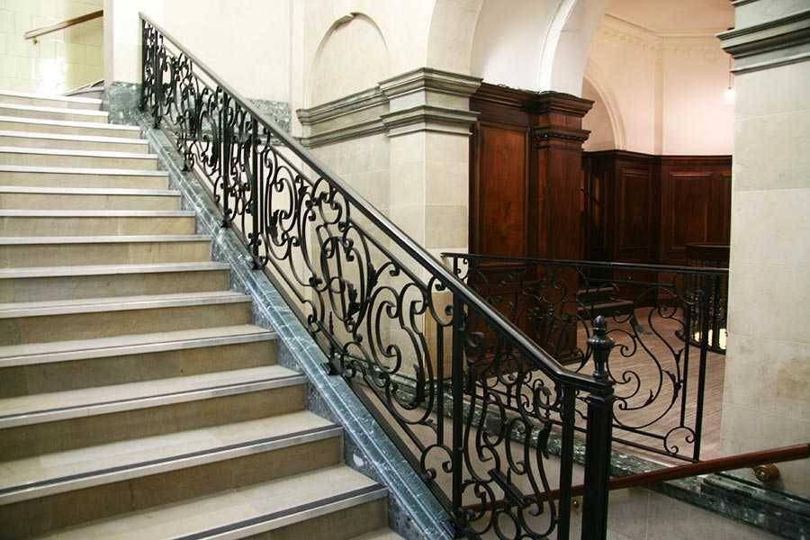 Elegant ornamental wrought iron staircase and handrails design for steps interior for sale–IOK-173