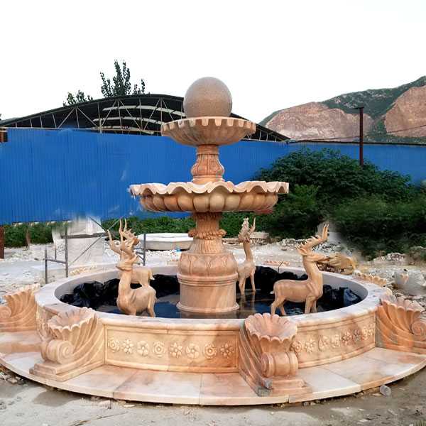 High quality tiered yellow marble fountain with deer designs for garden decor for sale–MOKK-04