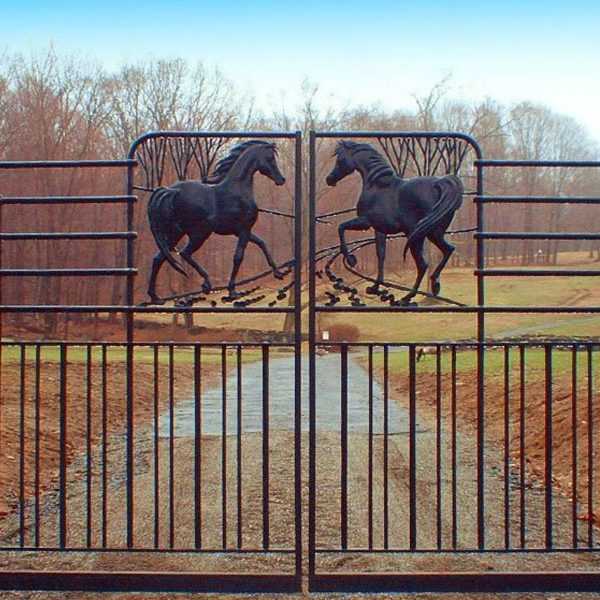 Vintage cattle sliding wrought iron driveway gates with horses designs for sale–IOK-180