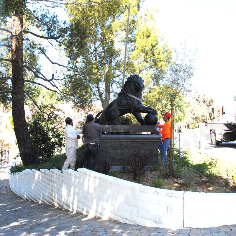 Outdoor bronze casting lion statues with ball in front of the zoo made for client from USA