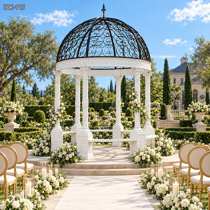 Cast Iron Large White Gazebo with Black Scroll Dome IOK-115