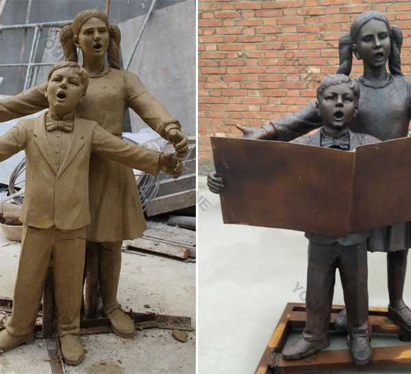 Bespoke life size boy and girl is sing clay model and bronze garden statues fro sale