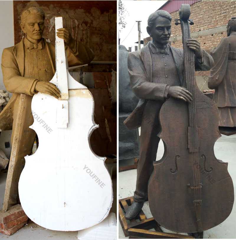 Bespoke life size cellist clay model and bronze casting statues for sale