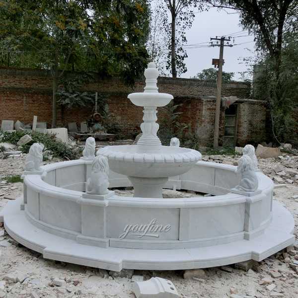 Cheap life size two tiered white marble water fountain small design with six lion statues carved for backyard decor for sale--MOKK-105