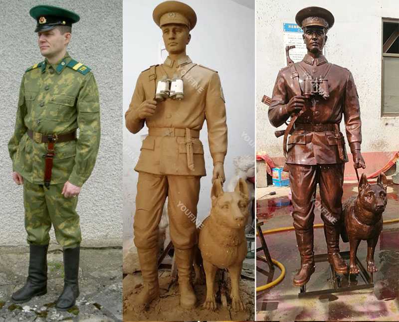 Custom made bronze military life size solider and dog statues from a photo to casting bronze statue design