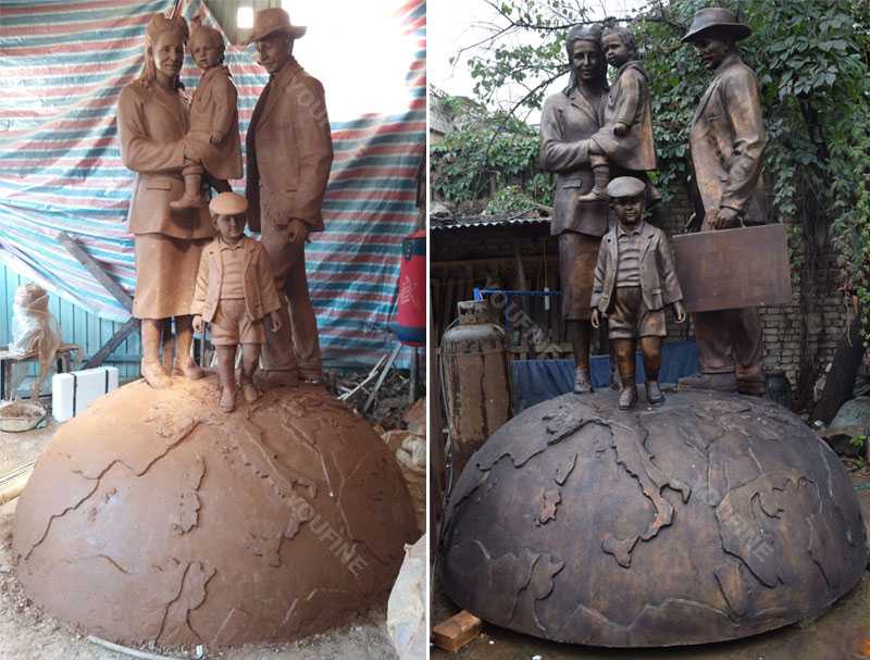 Custom made clay model and bronze casting sculpture life size family members standing on the globe sculpture designs for sale--BOKK-478