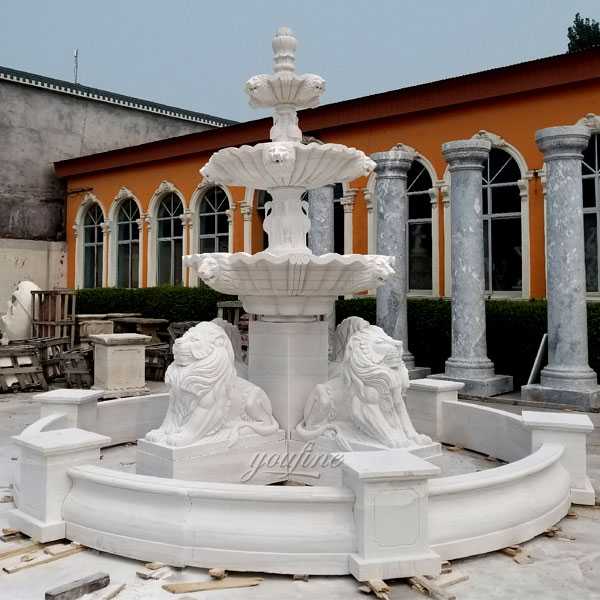 High quality large three tiered patio outdoor white marble fountain with four lion statue design for sale from China factory supply--MOKK-102