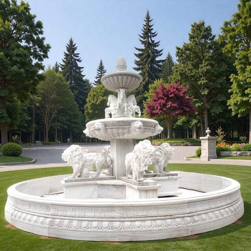Marble Horse and Lion Statue Fountain MOKK-105