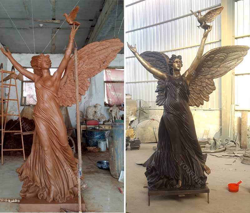 Life size clay model and bronze casting outdoor garden angel statues with peace dove design for sale