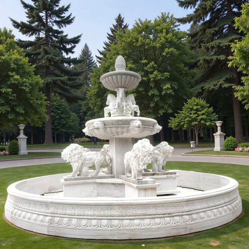 white Marble Horse and Lion Fountain