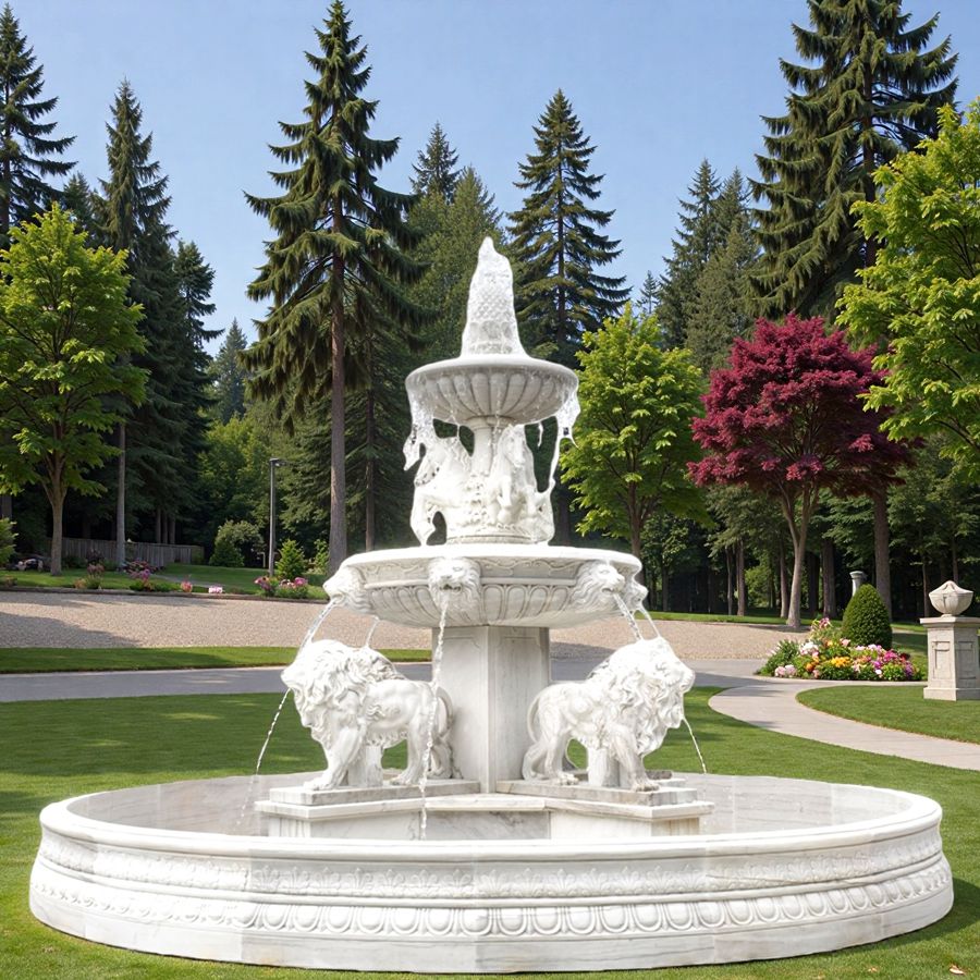 white Marble Horse and Lion Statue Fountain