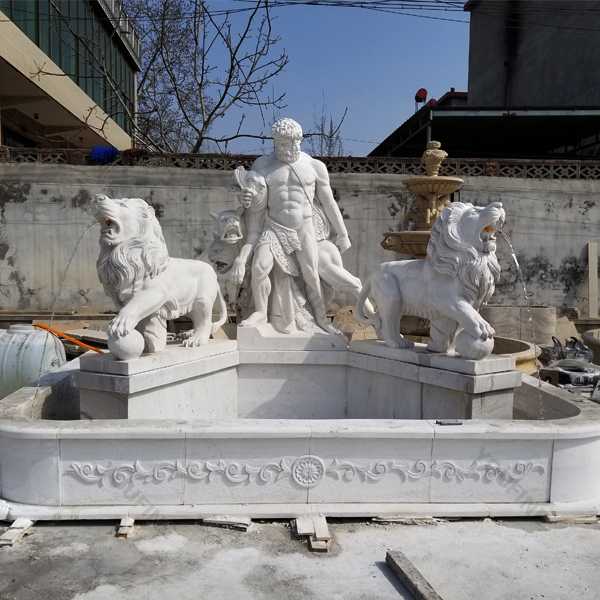 Modern pure white-marble-Hercules-fountain with two marble lion sculpture designs-made-for our friend Cappon-Bruno-from-Italy MOKK-82