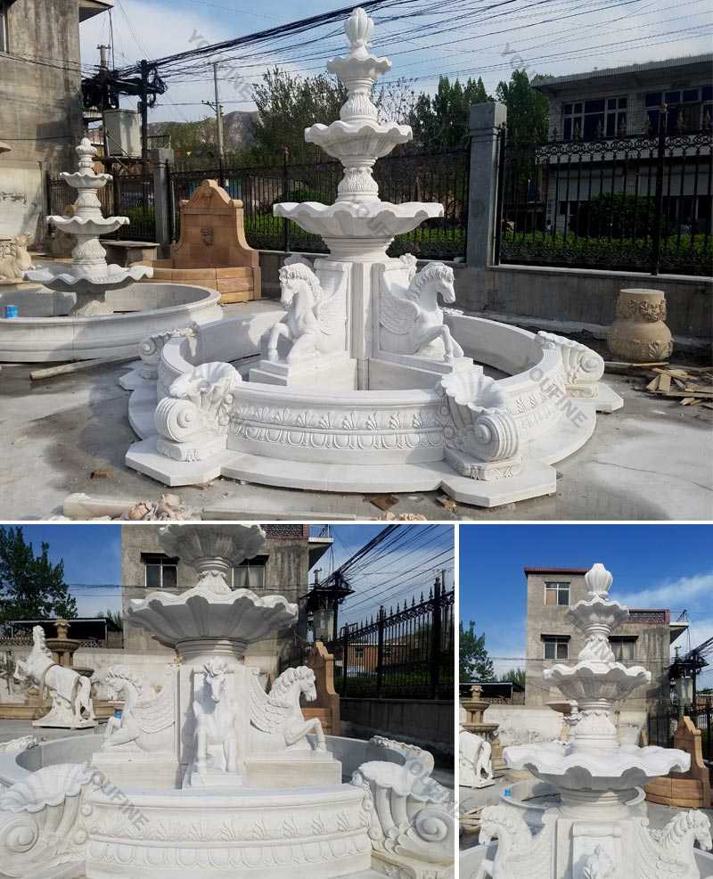 Popular outdoor garden pure white marble tiered water fountain with horse designs for sale