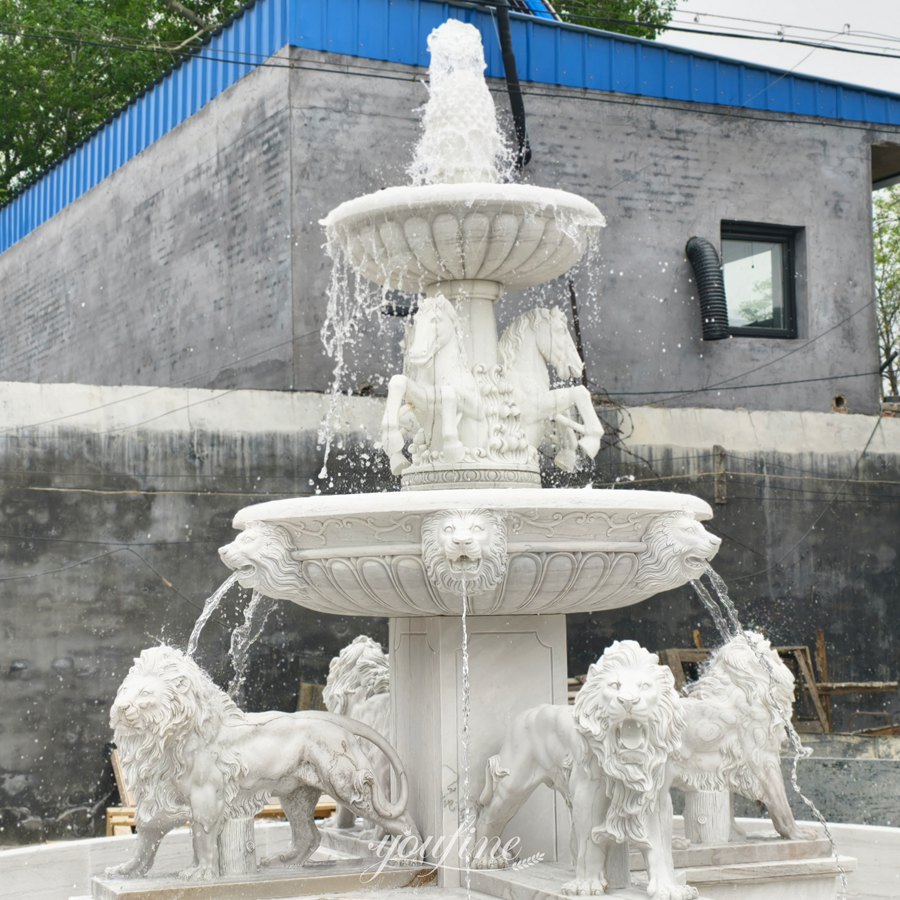 white large Marble Horse and Lion Statue Fountain detail