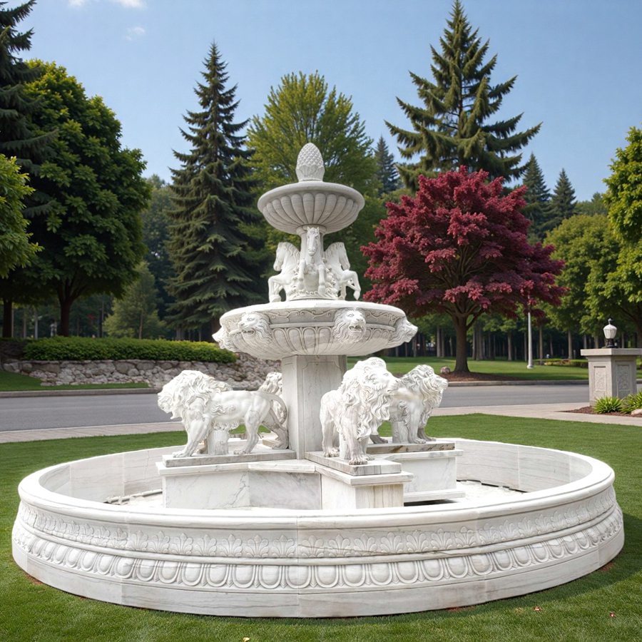white large Marble Horse and Lion Statue Fountain