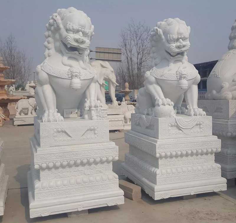 white marble paired chinese guardian lion statue for sale