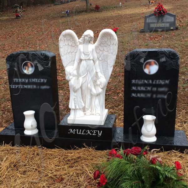 Buy black granite upright right tombstone with angel memorials headstones cemetery angel statues for sale--MOKK-113