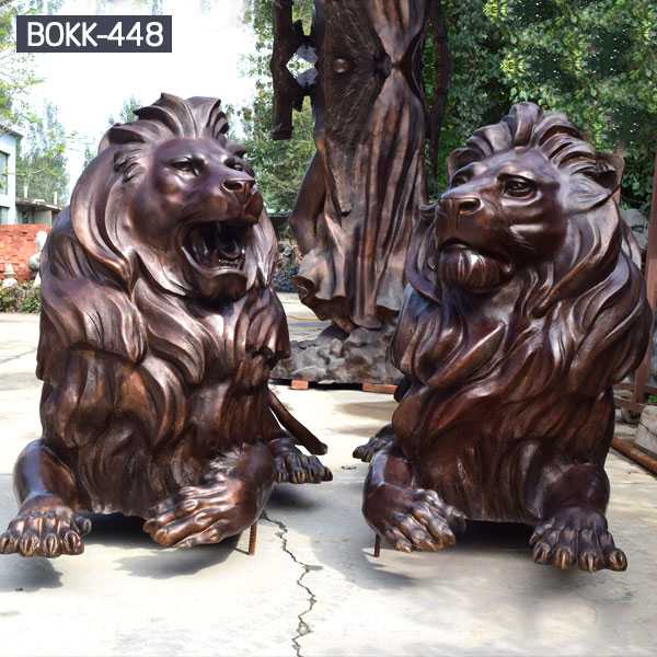 Buy life size guardian lion statue pair of bronze lying lion statue for front porch decor and home door for sale--BOKK-448