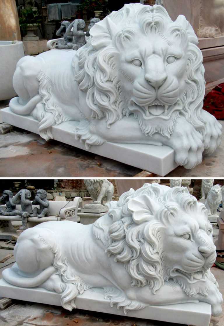Life Size Outdoor or Indoor Italian White Marble Lying Lion Statue Lion