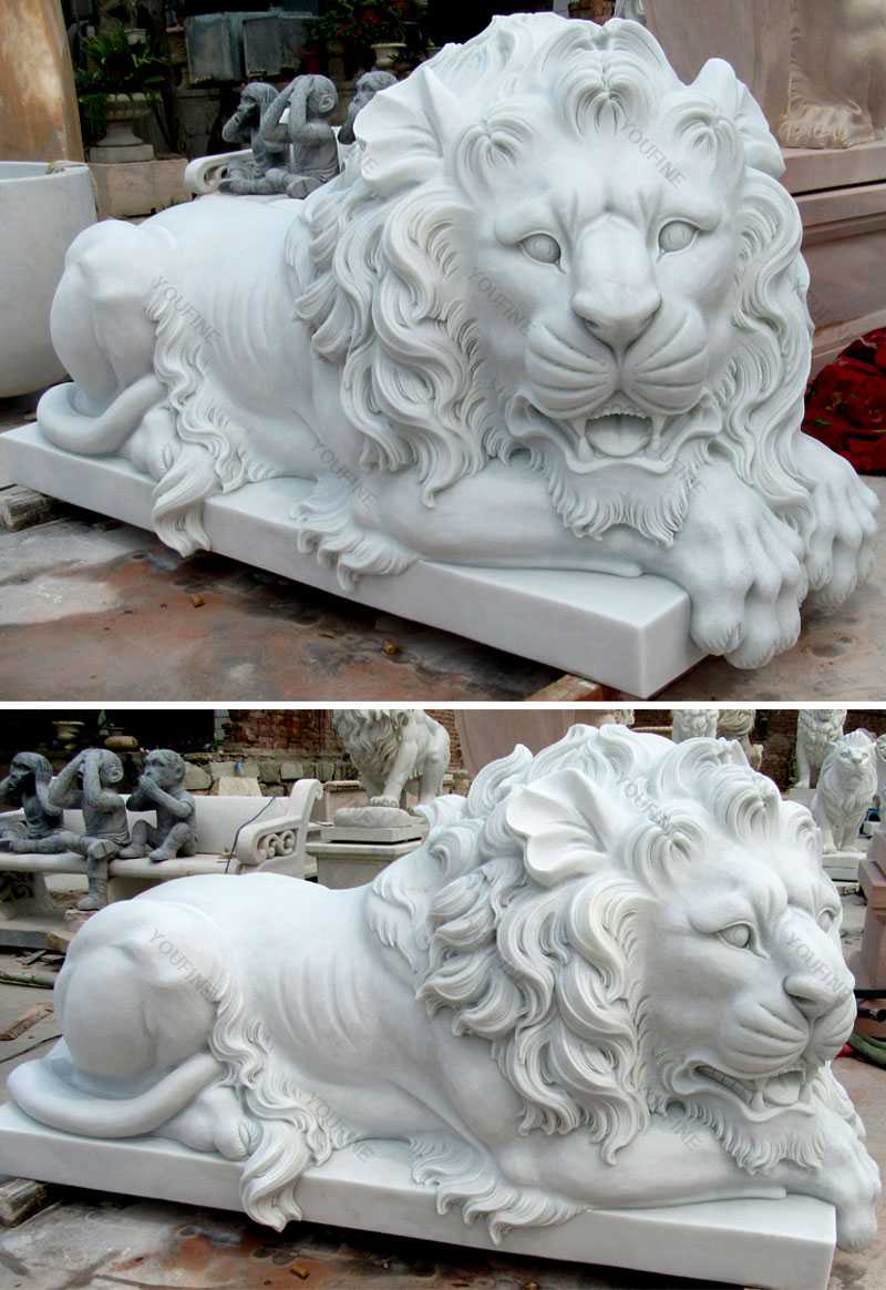 Life Size Outdoor Italian White Marble Lying Lion Statue Lion Garden Statue For Sale