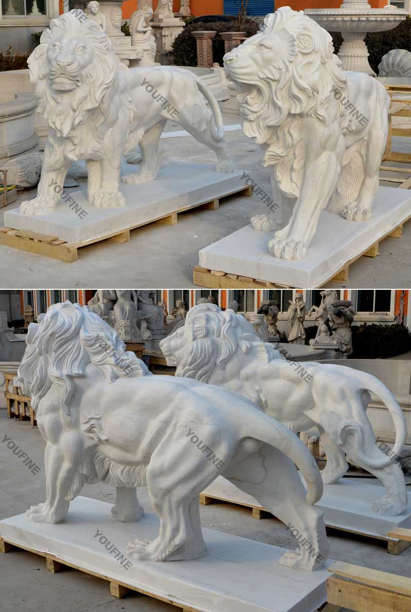 Outdoor Italian marble statue roaring and standing lion statues for front porch for sale