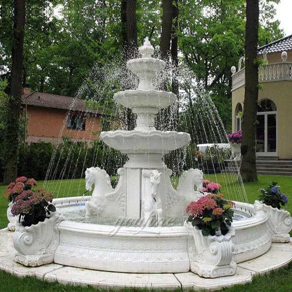 Popular outdoor garden pure white marble tiered water fountain with horse designs for sale--MOKK-84