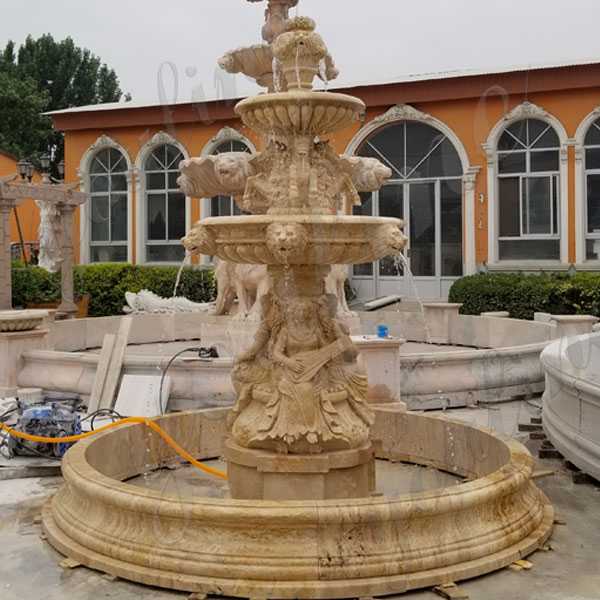Custom Made 3 Tiered Yellow Marble Fountain And Animal Statue Design Outdoor Garden Fountain For Sale