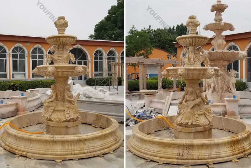 Custom Made 3 Tiered Yellow Marble Fountain For Sale