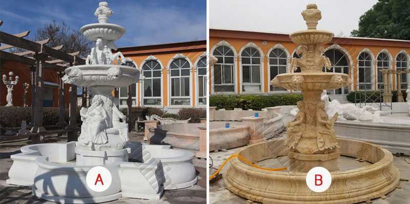 Custom Made 3 Tiered Yellow Marble Fountain With Figure Carving Outdoor Garden Fountain For Sale