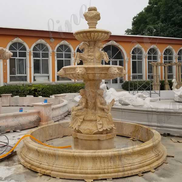 Custom Made Large 3 Tiered Yellow Marble Fountain With Figure Carving And Animal Statue Design for Sale MOKK-175