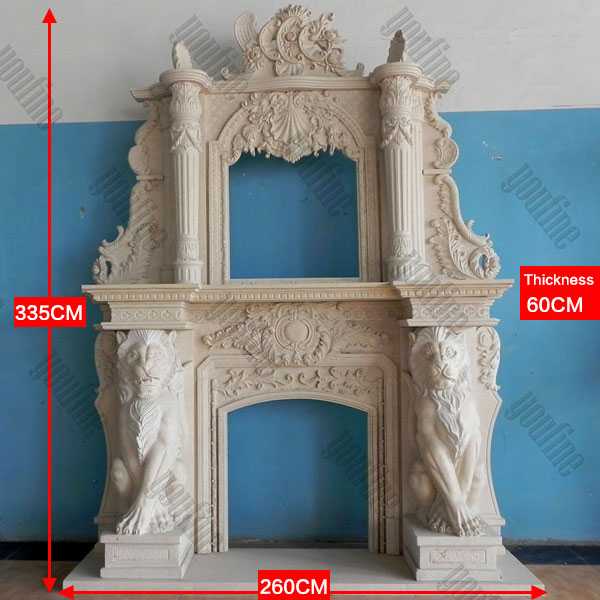 Custom Made Large White Marble Overmantel Fireplace Surround with Lion for Sale