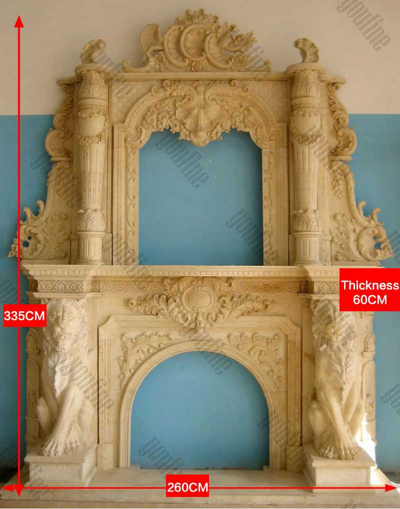 Custom Made Large White Marble Overmantel Fireplaces Surround with Lion Designs for Sale