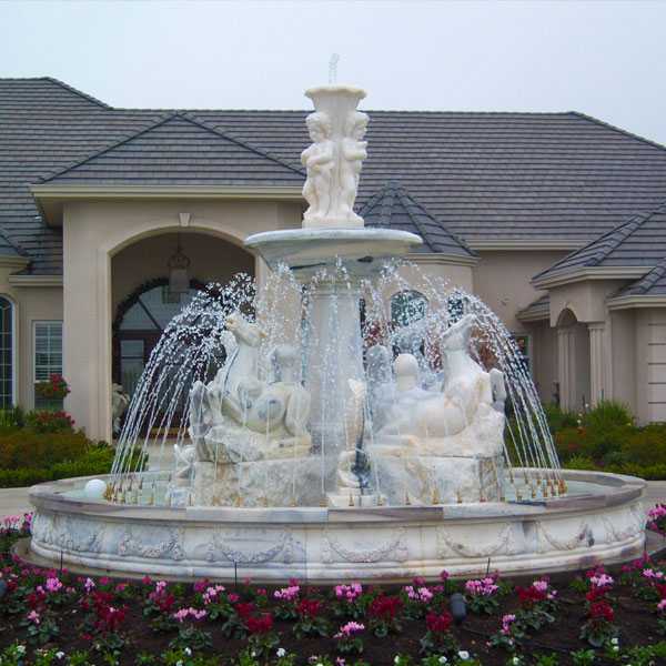 Custom Made Outdoor Tiered White Marble Water Fountain with Horse and Figure Statue for Sale MOKK-174