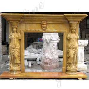 Custom Outdoor Yellow Marble Fireplace Life Size Antique Fireplace Mantels with Woman Statue Carved Design for Sale--MOKK-135