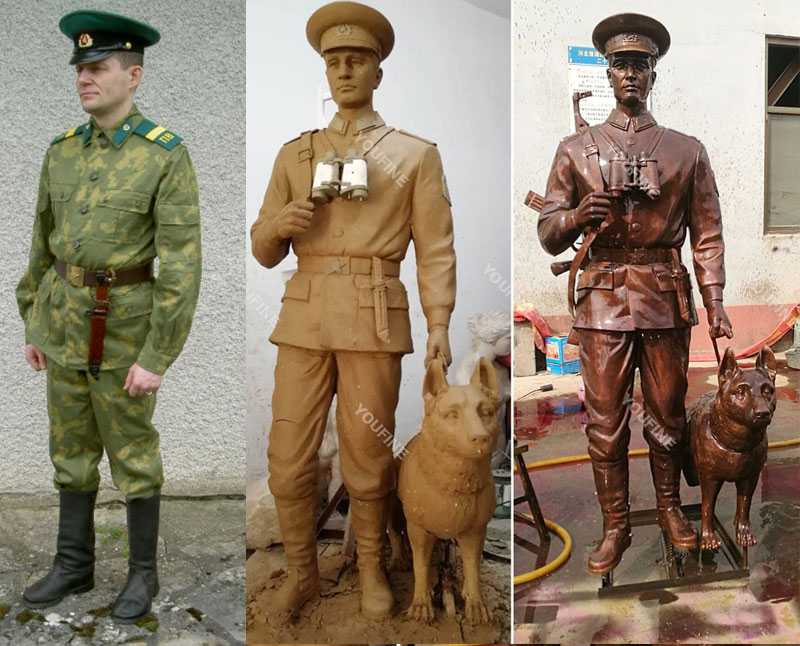 Custom made bronze military life size solider and dog statues from a photo