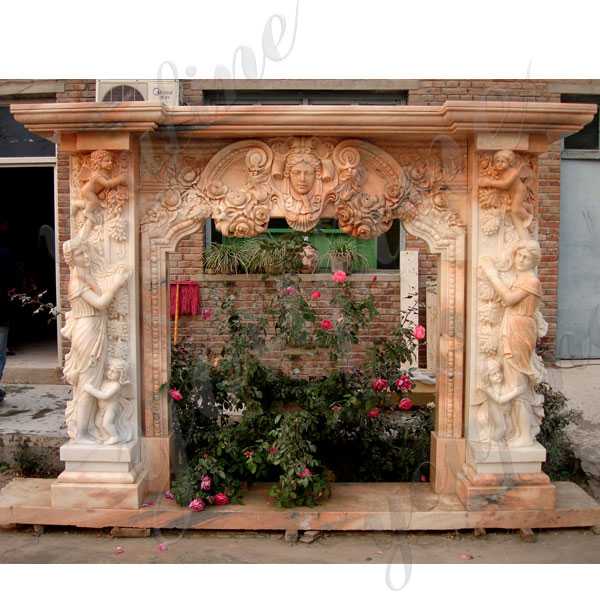 Hand Carved Modern French Yellow Marble Fireplace Mantels with Figure Statues for Sale MOKK-134