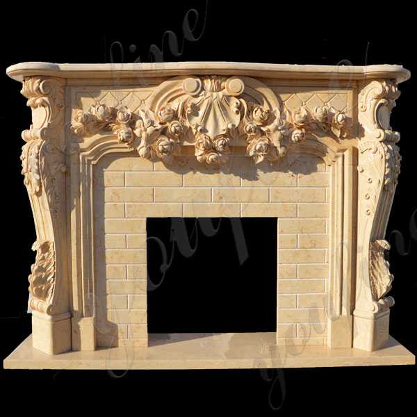 Hand Craft Yellow Marble Leaf And Scroll Marble Fireplace Design Cast Marble Fireplace  for Sale–MOKK-139