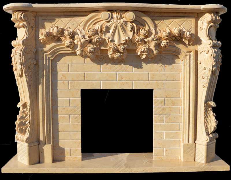 Hand Craft Yellow Marble Leaf And Scroll Marble Fireplace Design Cast Marble Fireplace for Sale--MOKK-139