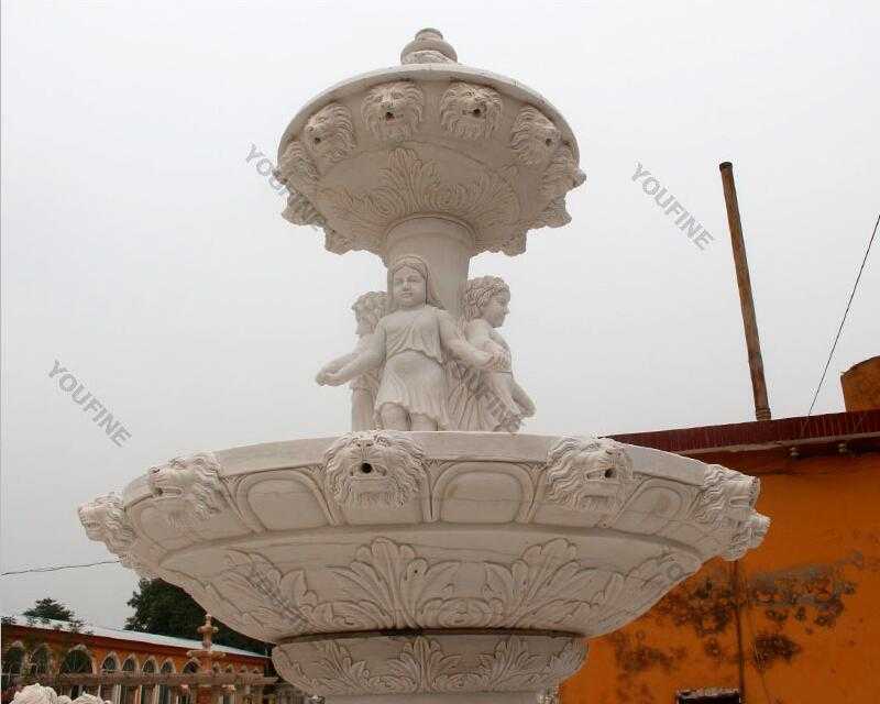 Hand carved 3 tiered pure white marble fountain with figure statues design for sale for front yard decoration