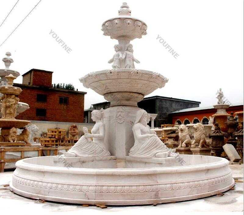 Hand carved 3 tire pure white marble fountain with figures statues design for sale for front yard decor