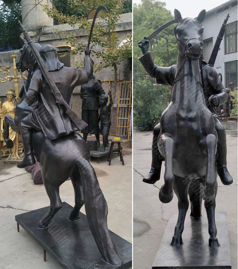 Life size custom knight on horse statue in antique bronze for sale
