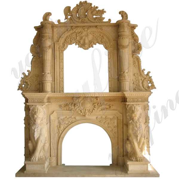 Luxurious Yellow Ornate Marble Lion Overmantel Fireplace Surround for Sale–MOKK-144