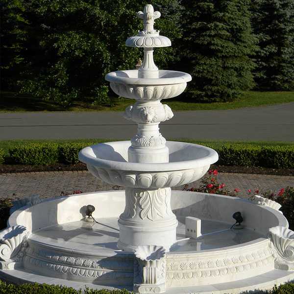 Outdoor hand carved garden life size two tiered pure white marble fountain for backyard decor for sale