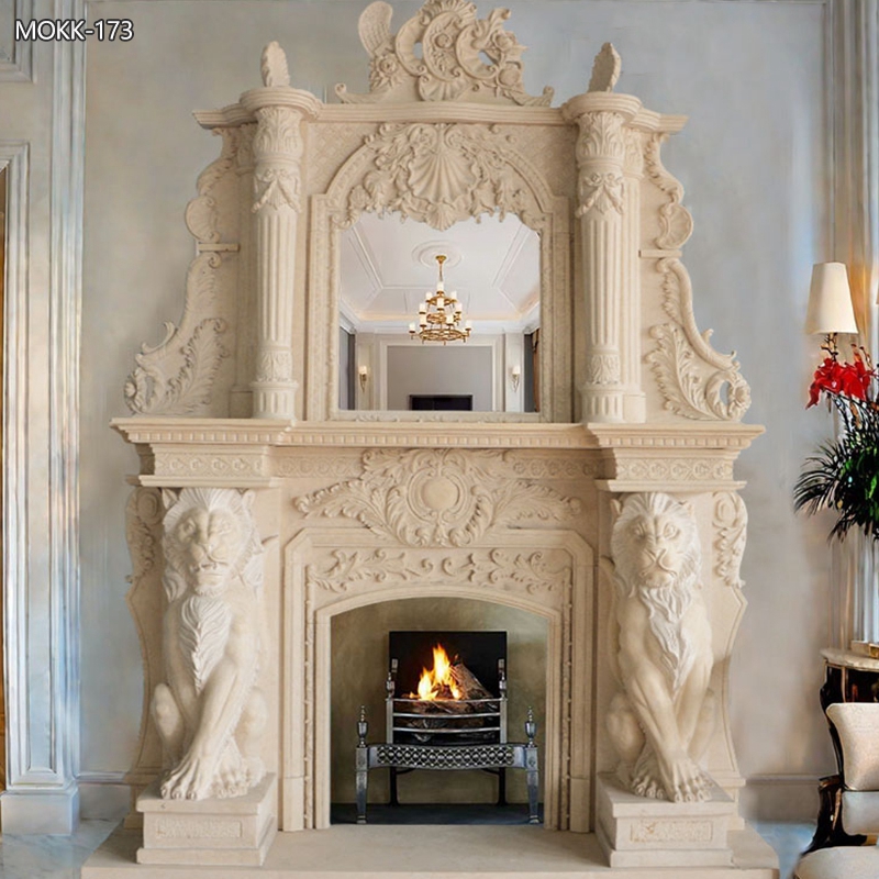 Beige Natural Marble Fireplace Surround with Lion Statue
