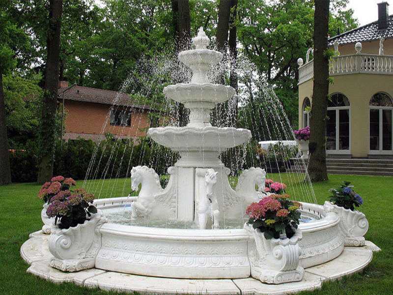 garden pure white marble tired water fountains with horse designs for sale--MOKK-84