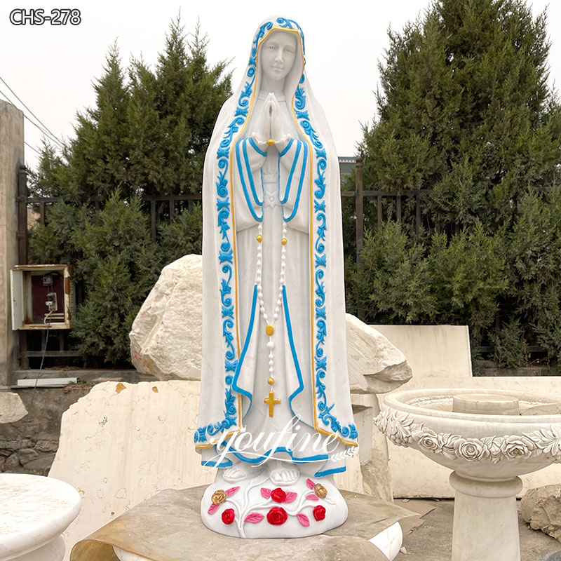 Virgin Mary Statue with Blue Accents and Rosary Design