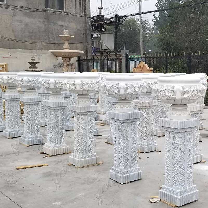 large white marble wholesale planters with pure hand carved design for garden or street decor on stock for sale