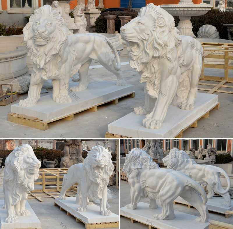 Outdoor Italian Marble Statue Roaring And Standing Lion Statue For Front Porch For Sale