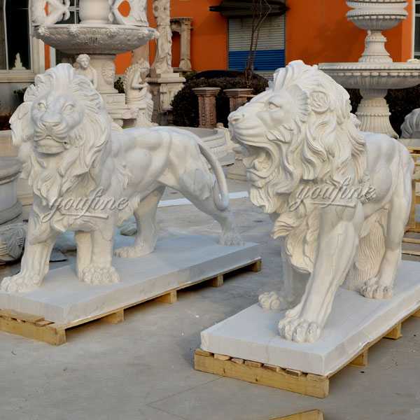 Outdoor Italian Marble Statue Roaring And Standing Lion Statues For Front Porch Home Decor For Sale --MOKK-108