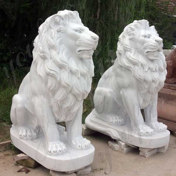 Pair of White Marble Stone Lion Guardian Statue Outside Life Size for Front Decor for Sale from China MOKK-326